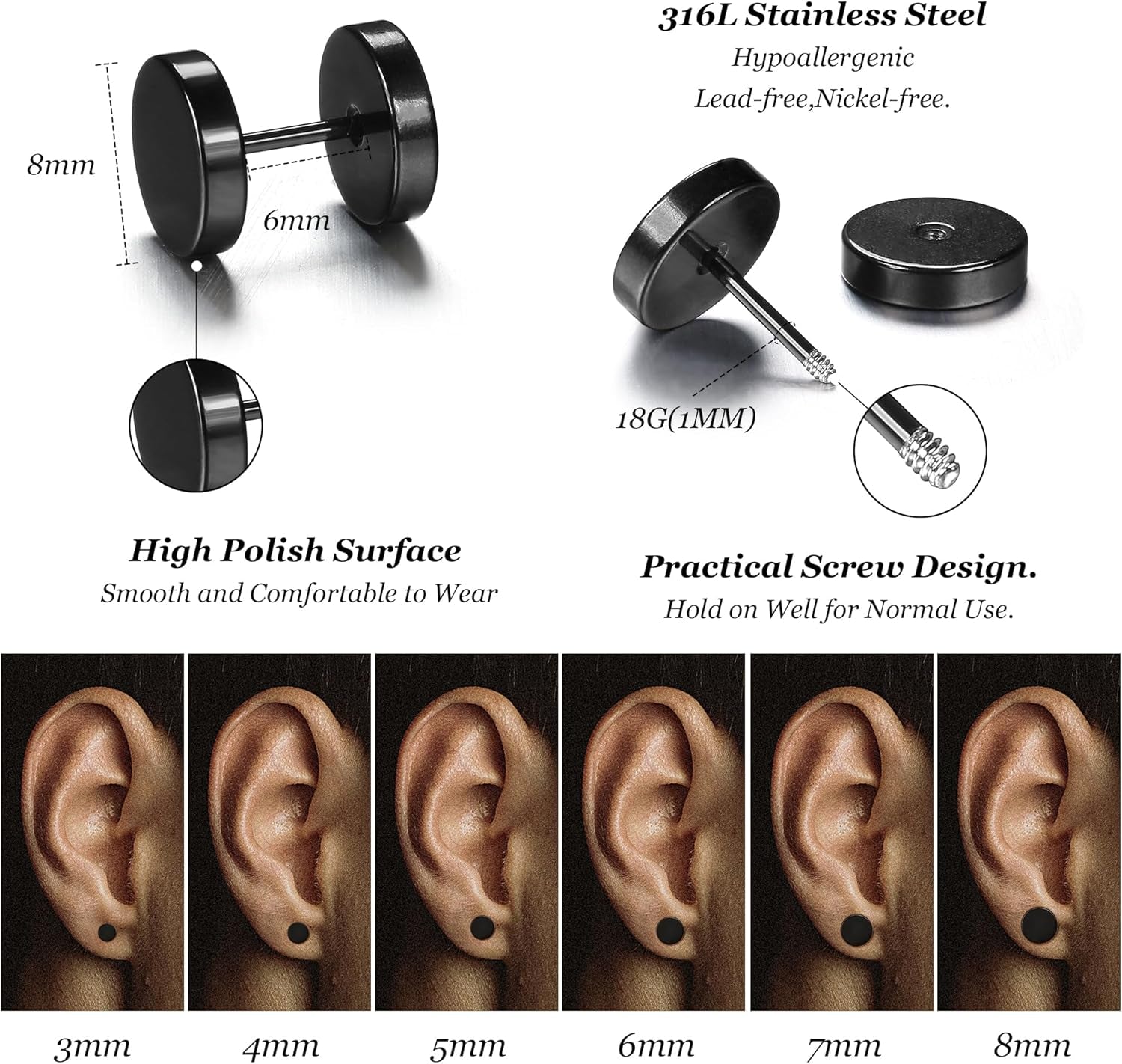 FIBO STEEL 6 Pairs Stainless Steel Black Stud Earrings for Men Women Faux Gauges Ear Tunnel Fake Gauge Earrings 3-8Mm