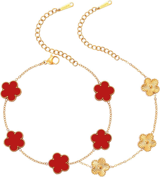 Five Leaf Clover Bracelet for Women-18K Gold Plated Lucky Link Grass Bracelets Stainless Steel White/Black/Blue/Gold/Crystal Flower Trendy Jewelry Gifts (Gold+Red)