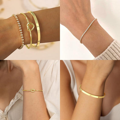 Christmas Stocking Stuffers Gold Bangle Cuff Knot Bracelet for Women Stack Non Tarnish Gold Plated Dainty Cubic Zirconia Tennis Bracelets Jewelry Set for Women Trendy