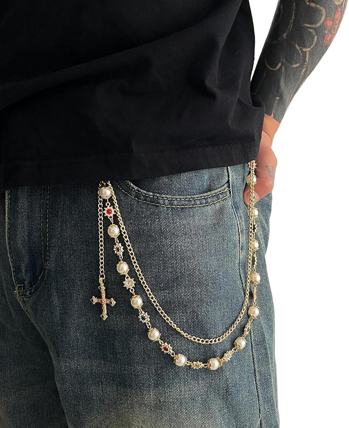 Rhinestone Waist Body Chain Jewelry Pearl Waist Belt Goth Cross Pendant Pants Chain Hip-Hop Jean Trouser Keychains Jewelry for Men Women