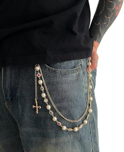 Rhinestone Waist Body Chain Jewelry Pearl Waist Belt Goth Cross Pendant Pants Chain Hip-Hop Jean Trouser Keychains Jewelry for Men Women