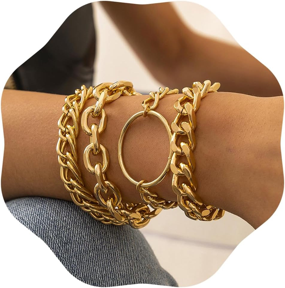 JWICOS Gold Chunky Chain Bracelet for Women Charm Boho Bracelet for Women Flat Cable Chunky Chain Bangle with Circle Set of 4