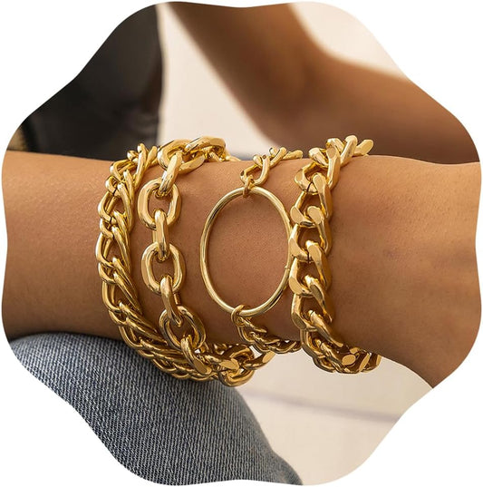 JWICOS Gold Chunky Chain Bracelet for Women Charm Boho Bracelet for Women Flat Cable Chunky Chain Bangle with Circle Set of 4