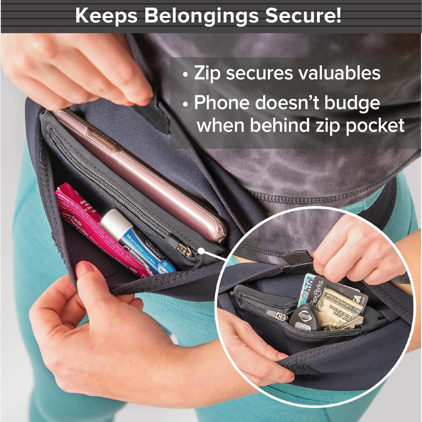 Black waist pack with expandable pocket holding large smartphone