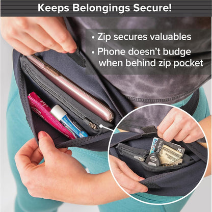 Black waist pack with expandable pocket holding large smartphone