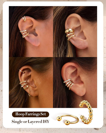 9PCS Ear Cuffs Earrings for Women Non Piercing 14K Gold Plated - Hypoallergenic Adjustable Ear Cuffs Trendy Non Tarnish Clip on Cartilage Fake Earring Stacks Wrap Jewelry