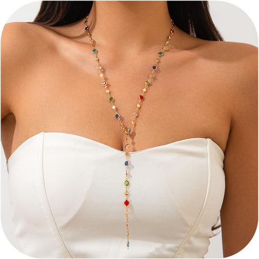 Long Necklaces for Women Trendy Colorful Boho Rhinestone Gemstone Necklace Gold Body Chain Vintage Fashion Jewelry Gift Accessories