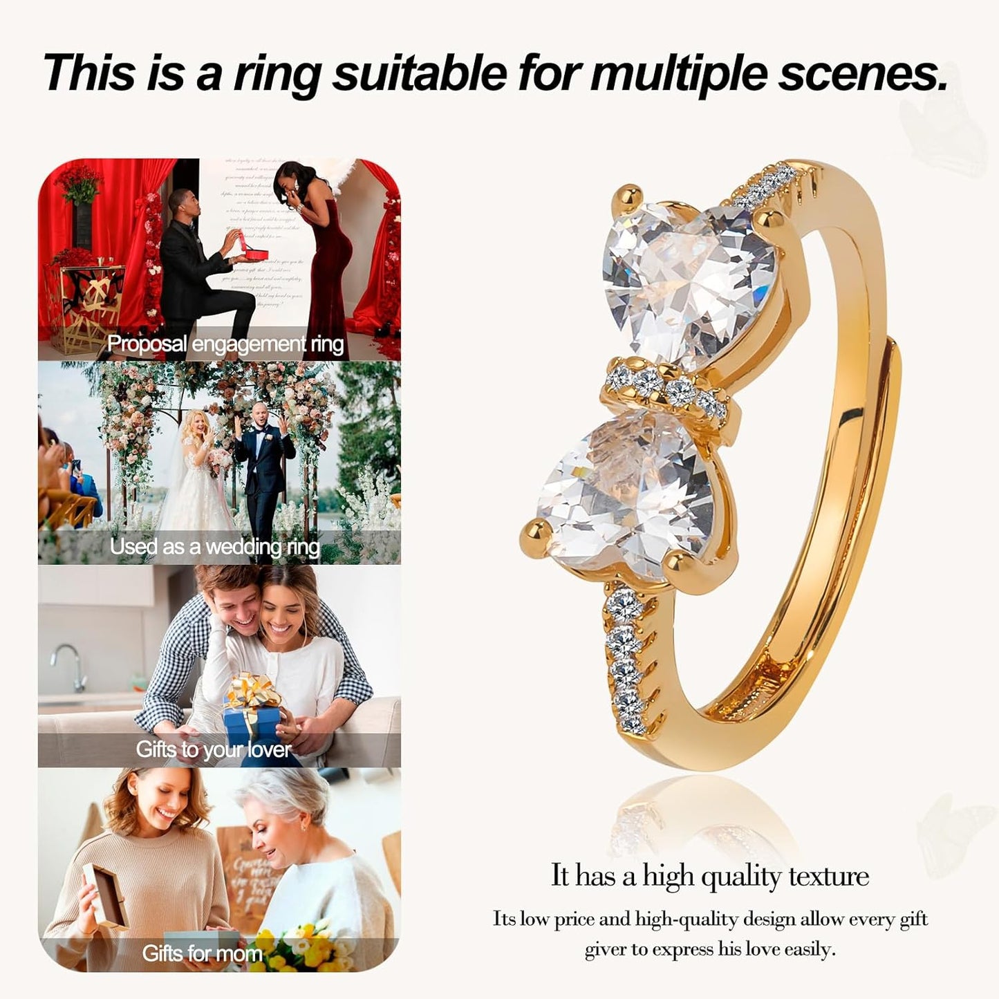 Silver and rose gold wedding ring featuring ornate double heart design