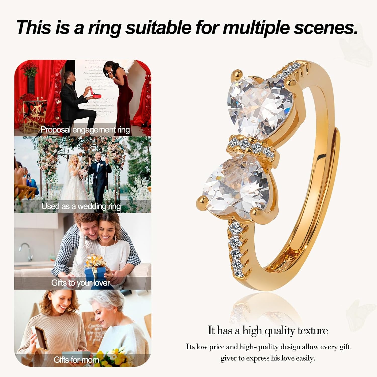 Silver and rose gold wedding ring featuring ornate double heart design