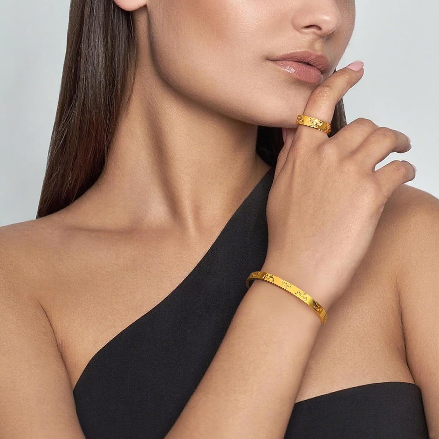 Gold Silver Butterfly Clover Bracelet Ring Set, Stainless Steel Cuff Bangle Jewelry Dainty Love Design for Women Wedding Birthday Gift