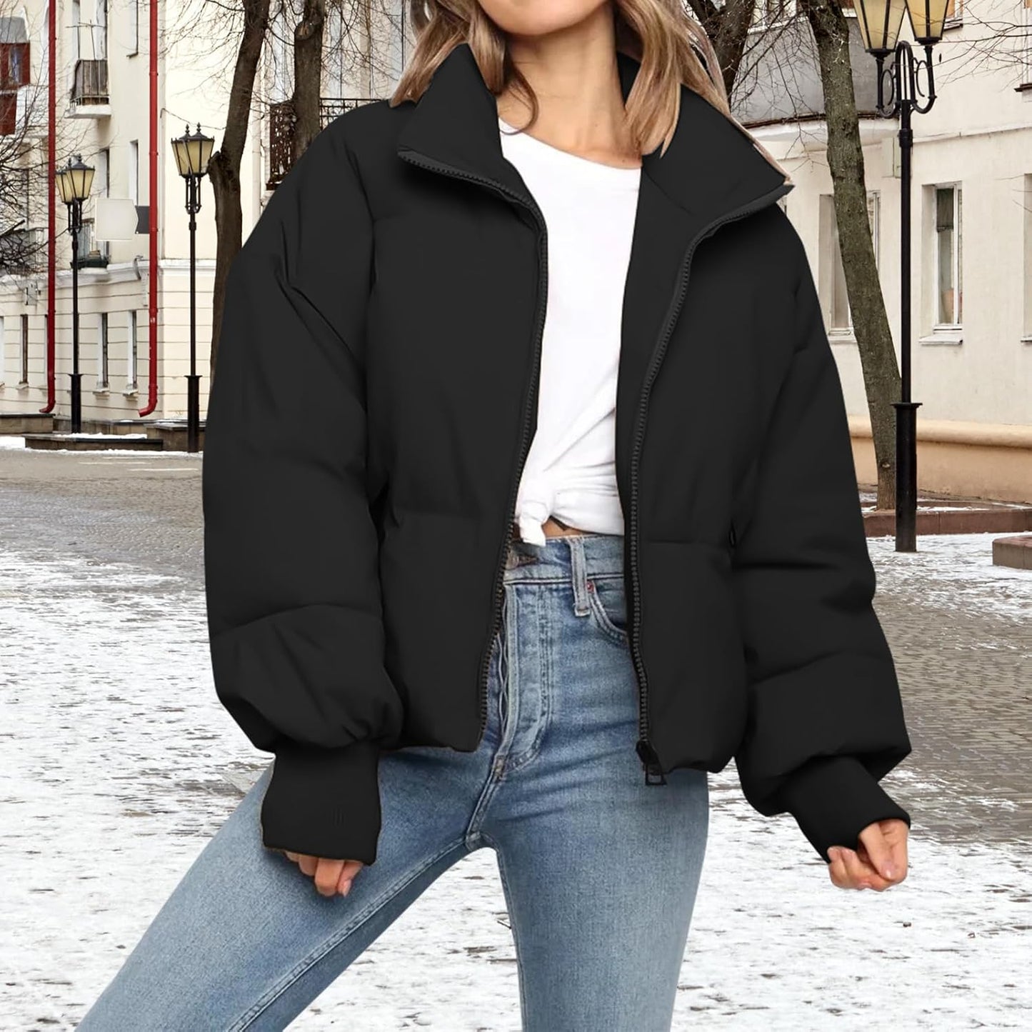 Woman wearing cropped puffer jacket casually