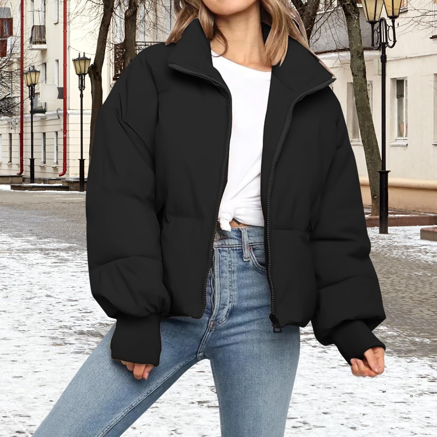 Woman wearing cropped puffer jacket casually