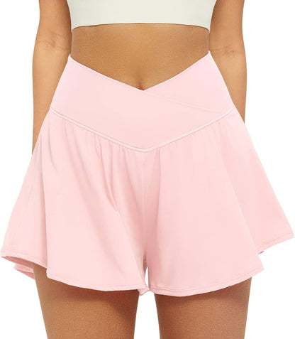 Fireswan Crossover Athletic Shorts for Women 2 in 1 Flowy Running Shorts with Pockets Spandex Butterfly Workout Tennis Skorts
