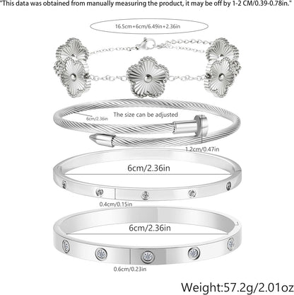 18K Gold Bracelets for Women - Stackable Clover & Nail Love Bangle Set - Non-Tarnish Stainless Steel Jewelry Gift for Valentine'S, Mother'S Day & Christmas