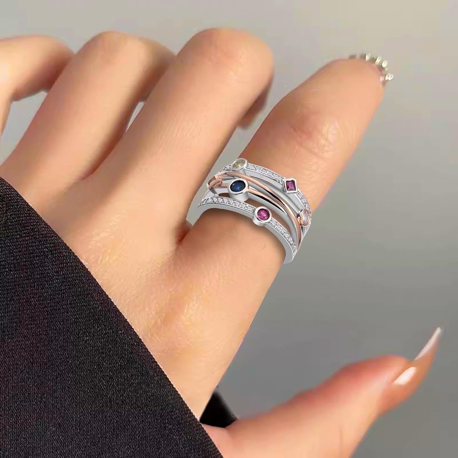 White Gold Plated Geometric Lines Two Color Cubic Zirconia Boho Style Statement Ring Personalized Accessory Ideal for Women'S Daily Casual Wear Party Holiday Anniversary Love Jewelry Gift