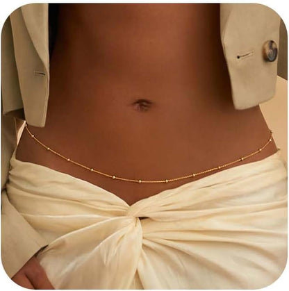 ASCOMY Waist Chains for Women 14K Gold Plated 2Pcs Body Chains Layered Cuban Pearl Satellite Beads Rope Coin Heart Pendant Belly Belt Body Chains Adjustable Bikini Body Jewelry for Women