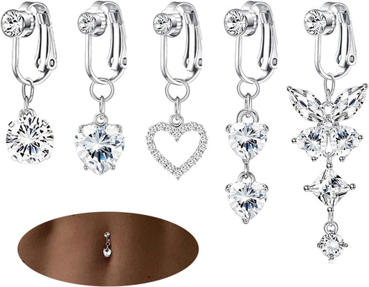 5Pcs Gold Fake Belly Piercing Fake Belly Ring for Women Fake Belly Button Piercing Clip on Belly Button Rings Fake Navel Ring Non Piercing