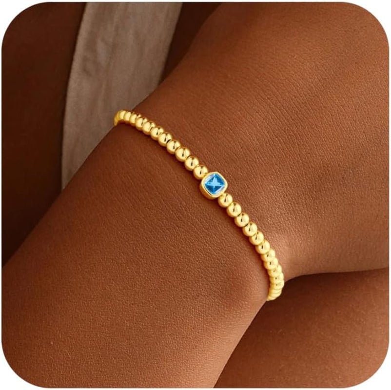 Turandoss Birthstone Bracelets for Women - Dainty Elastic 14K Gold Plated Beaded Square Birthstone Bracelets Trendy Waterproof Friendship Birthday Jewelry Gifts for Women Girls