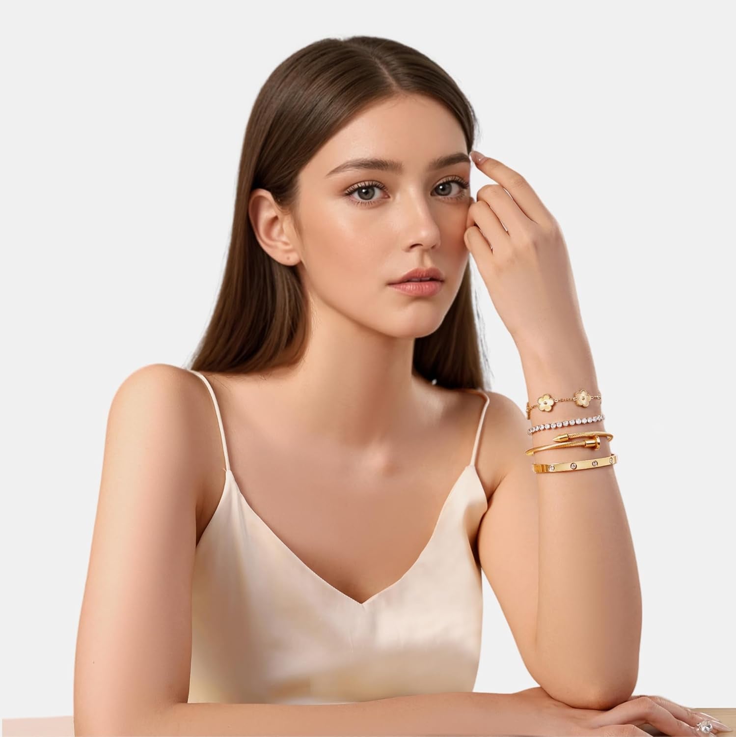 Real 18K Gold Plated Bracelets for Women (Sturdier Version) Stackable Bangle Bracelets for Women (Better Tarnish & Water Resistance) 4PCS Gold Bracelet Stack Set (Fits Wrists Upto 6.7 Inch)