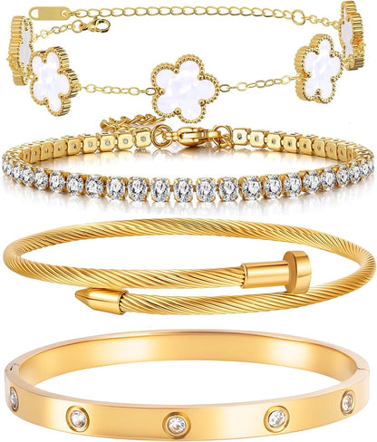 18K Gold Plated Womens Stackable Floral Gold Clover Bracelets Set Love Bangle Bracelets Non Tarnish, Nail Bracelet Set Trendy Jewelry,Gifts for Women'S Day and Mother'S Day