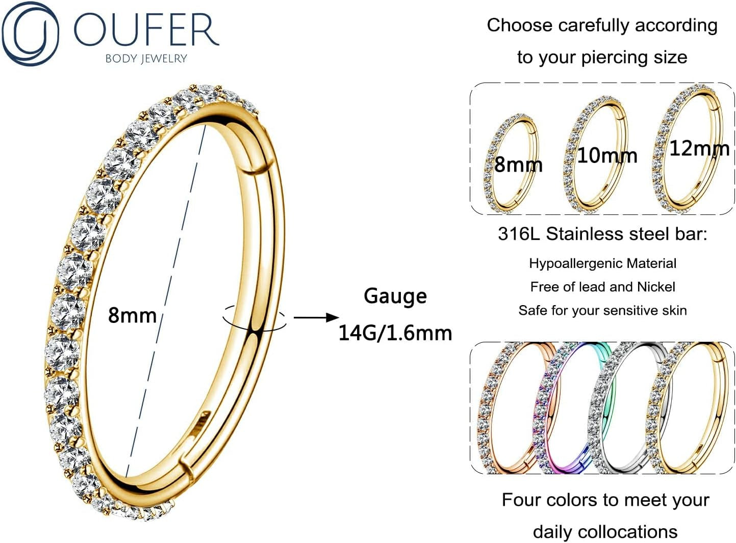 OUFER Belly Button Rings - 14G Surgical Steel Hoop Jewelry, Clear CZ Paved Belly Hoops