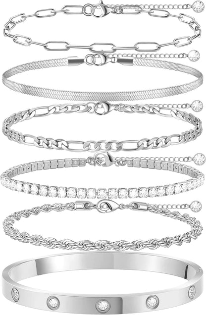 Gold Bracelets for Women Non Tarnish, Dainty 18K Gold Plated Bracelets Stack Trendy Waterproof Stackable Bangles, Cuban Link Paperclip Chain Jewelry Set Fashion Accessories Gifts for Women