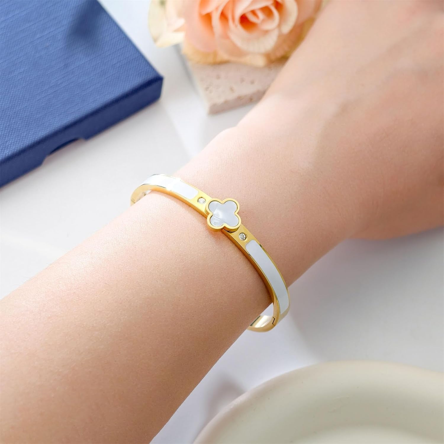 Clover Necklace and Earrings Set and Gold Bangles for Women