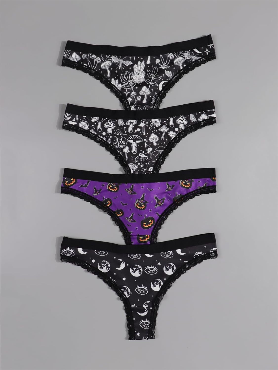 Gothic halloween thong 4-pack black purple lace trim
