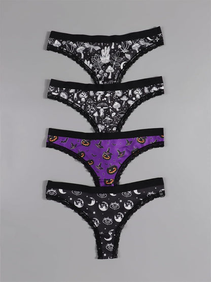 Gothic halloween thong 4-pack black purple lace trim