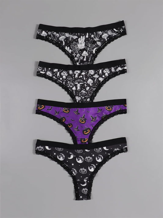 Gothic halloween thong 4-pack black purple lace trim