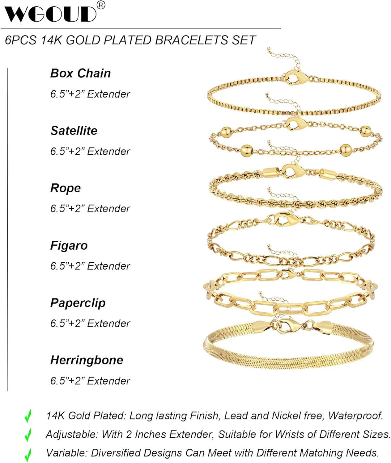 Wgoud Waterproof Gold Bracelets for Women Trendy, Dainty 14K Real Gold Plated Fashion Stackable Bracelet Sets for Women Thin Cuban Link Paperclip Chain Bracelets Layered Gold Jewelry Sets Gifts for Womens