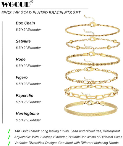Wgoud Waterproof Gold Bracelets for Women Trendy, Dainty 14K Real Gold Plated Fashion Stackable Bracelet Sets for Women Thin Cuban Link Paperclip Chain Bracelets Layered Gold Jewelry Sets Gifts for Womens