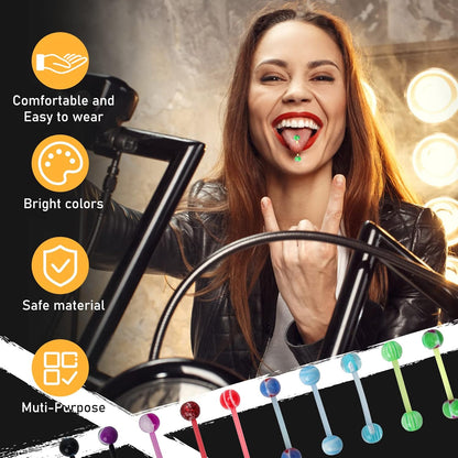 Woman modeling acrylic tongue piercing jewelry