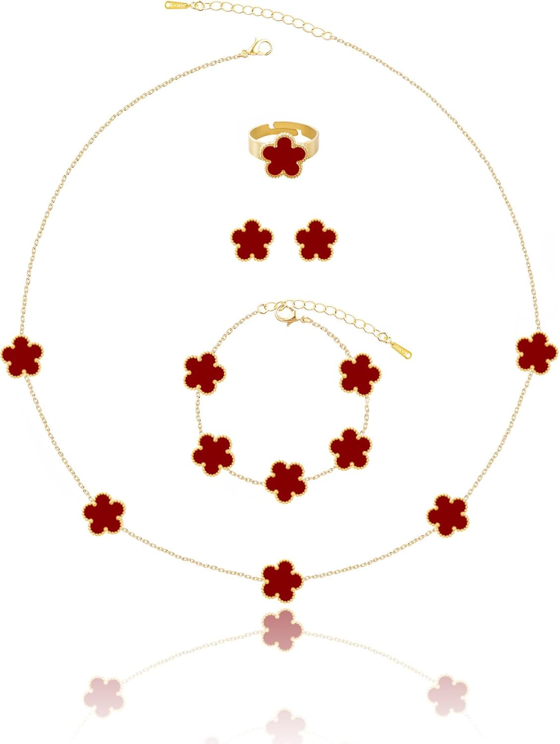 Gold Plated Five Leaf Clover Necklace Bracelet Rings and Stud Earrings Set for Women Lucky Flower Jewelry