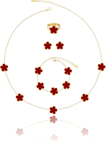 Gold Plated Five Leaf Clover Necklace Bracelet Rings and Stud Earrings Set for Women Lucky Flower Jewelry