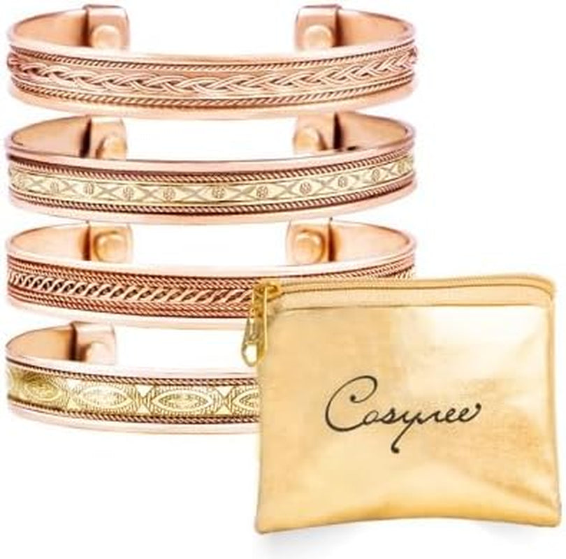 Cosynee Premium Tibetan Copper Unisex Bracelets Set of 4 – 99.99% Pure Copper Cuff Bangles for Men & Women, Adjustable, Ultra Strength, Solid High Gauge Metal – Vintage Style with Gift Pouch
