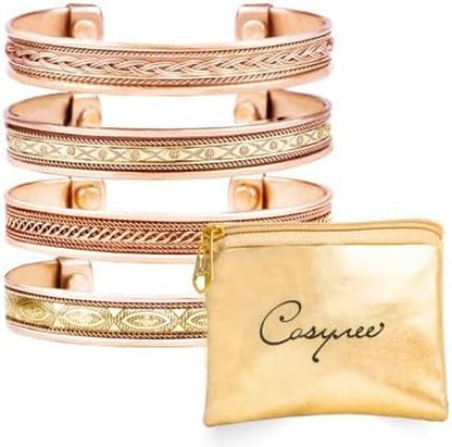 Cosynee Premium Tibetan Copper Unisex Bracelets Set of 4 – 99.99% Pure Copper Cuff Bangles for Men & Women, Adjustable, Ultra Strength, Solid High Gauge Metal – Vintage Style with Gift Pouch