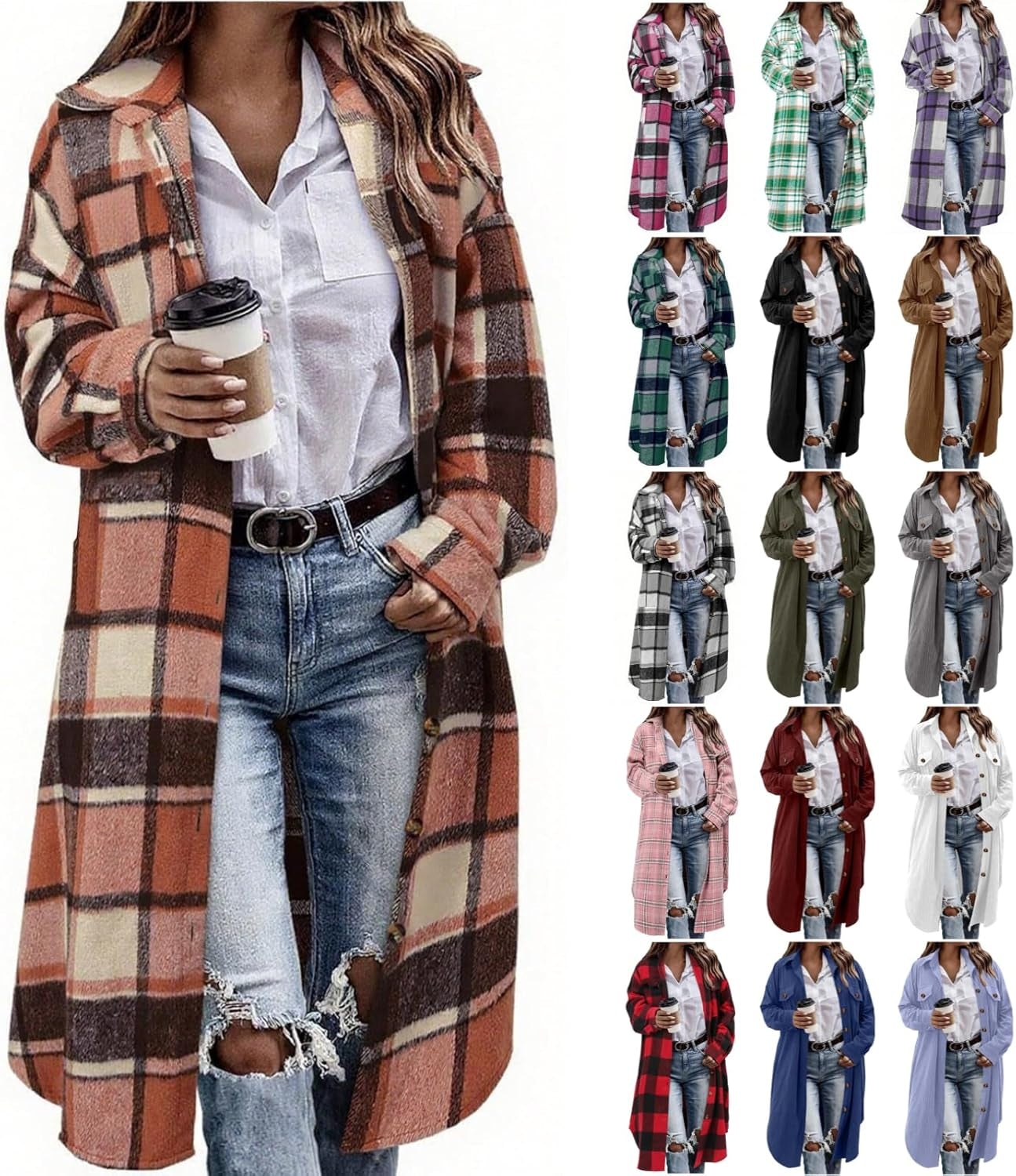 Flannel Shirt Women Plaid Jacket Womens Shacket Casual Lapel Button down Long Sleeve Trench Coat Warm Winter Jackets