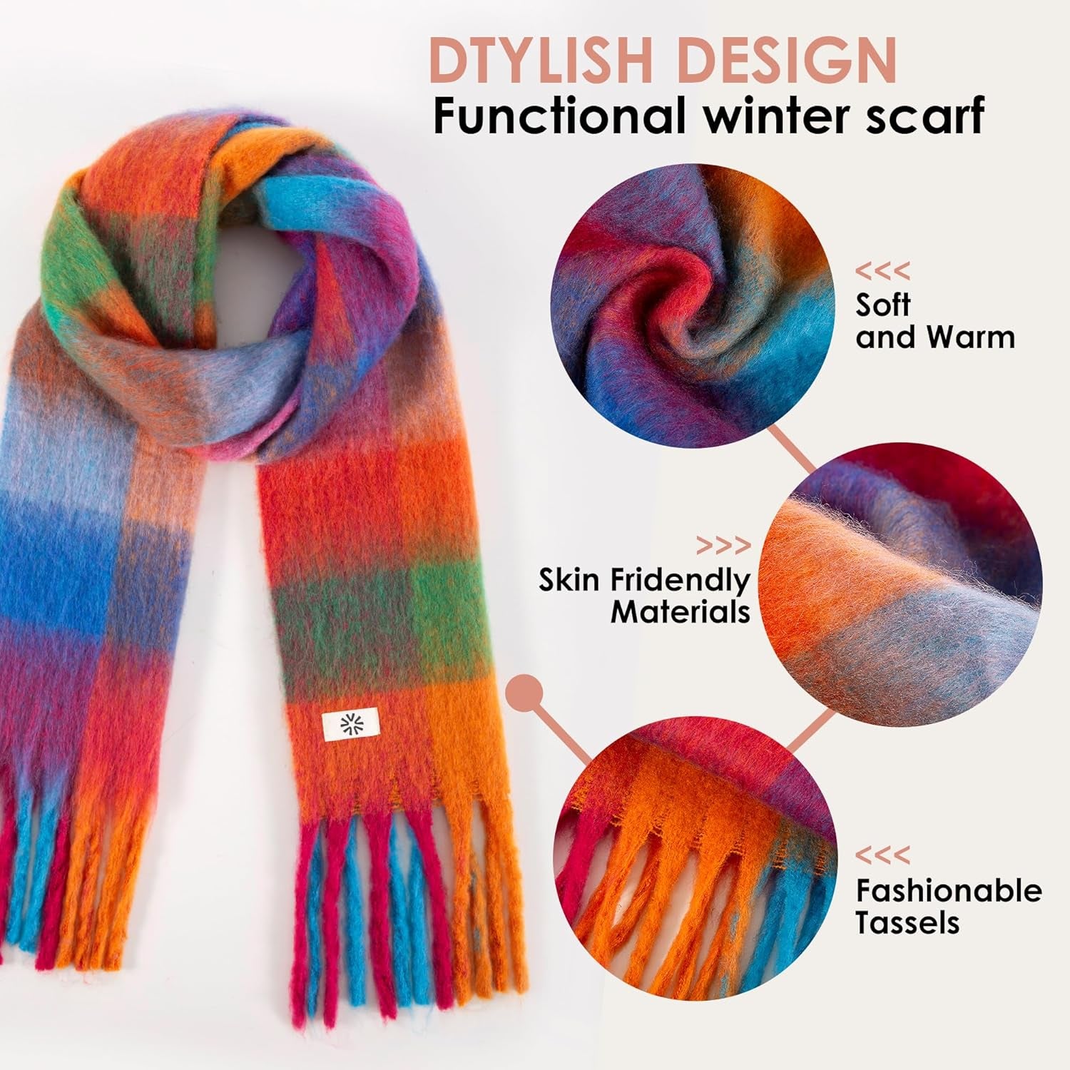 Womens Winter Scarf, Cashmere Feel Tassel Plaid Fashion Scarfs Colorful Plaid Long Shawl Large Scarves