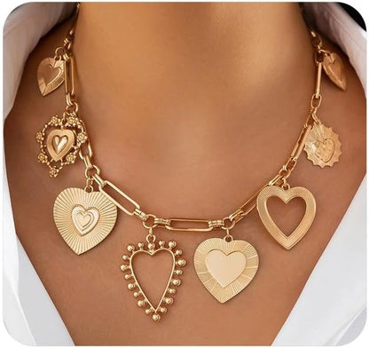 YOOESTORES82 Chunky Heart Pendant Charm Statement Necklace Gold Tone Layered Link Chain Necklaces for Women Romantic Trendy Jewelry Party Gift Glamorous Versatile