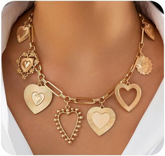YOOESTORES82 Chunky Heart Pendant Charm Statement Necklace Gold Tone Layered Link Chain Necklaces for Women Romantic Trendy Jewelry Party Gift Glamorous Versatile