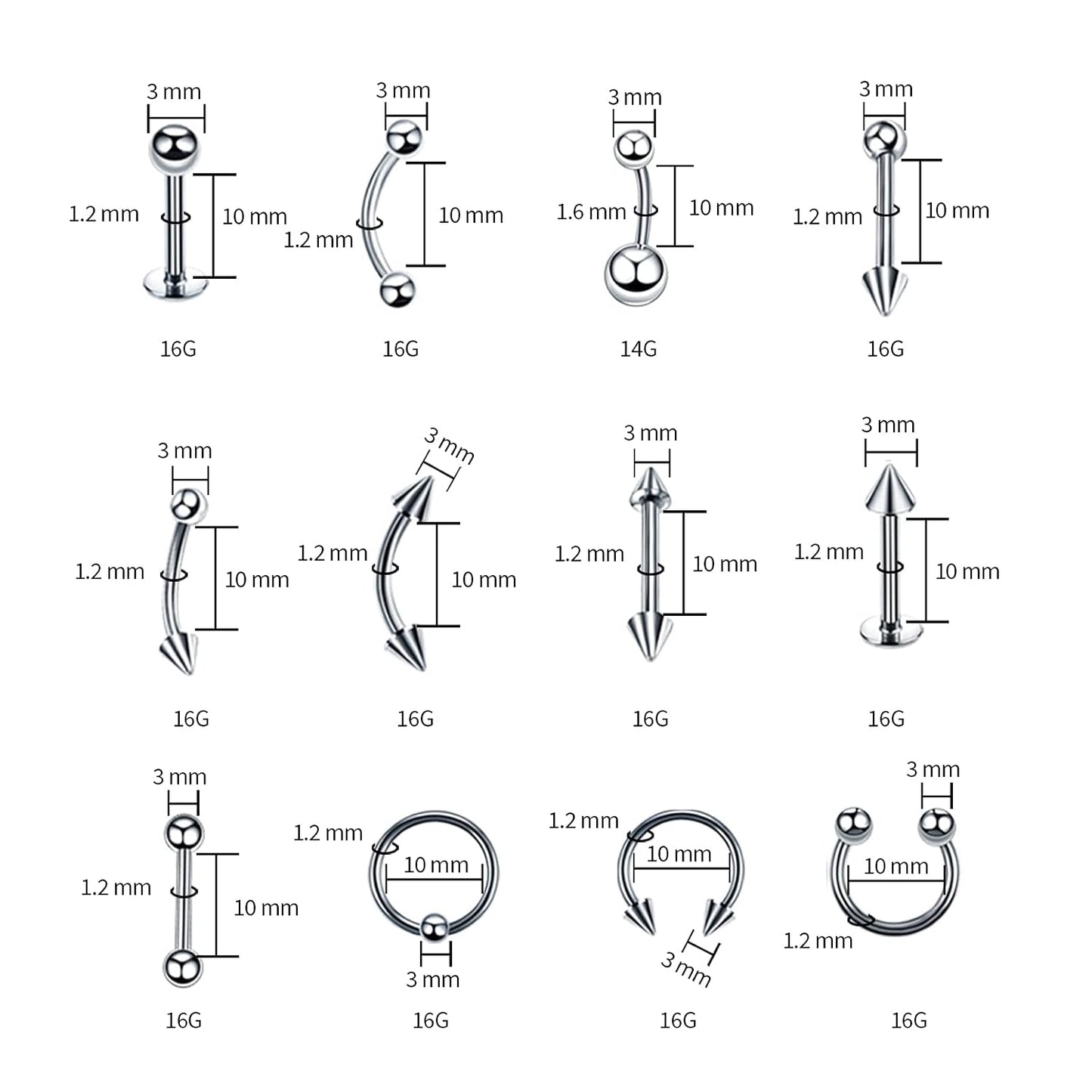 A-Minusone 84PCS Body Septum Piercing Kit 14G 16G Tools for Nose Tongue Lip Ear Eyebrow Belly Button Cartilage Tragus Industrial Barbell Helix Daith Piercing Jewelry Clamps
