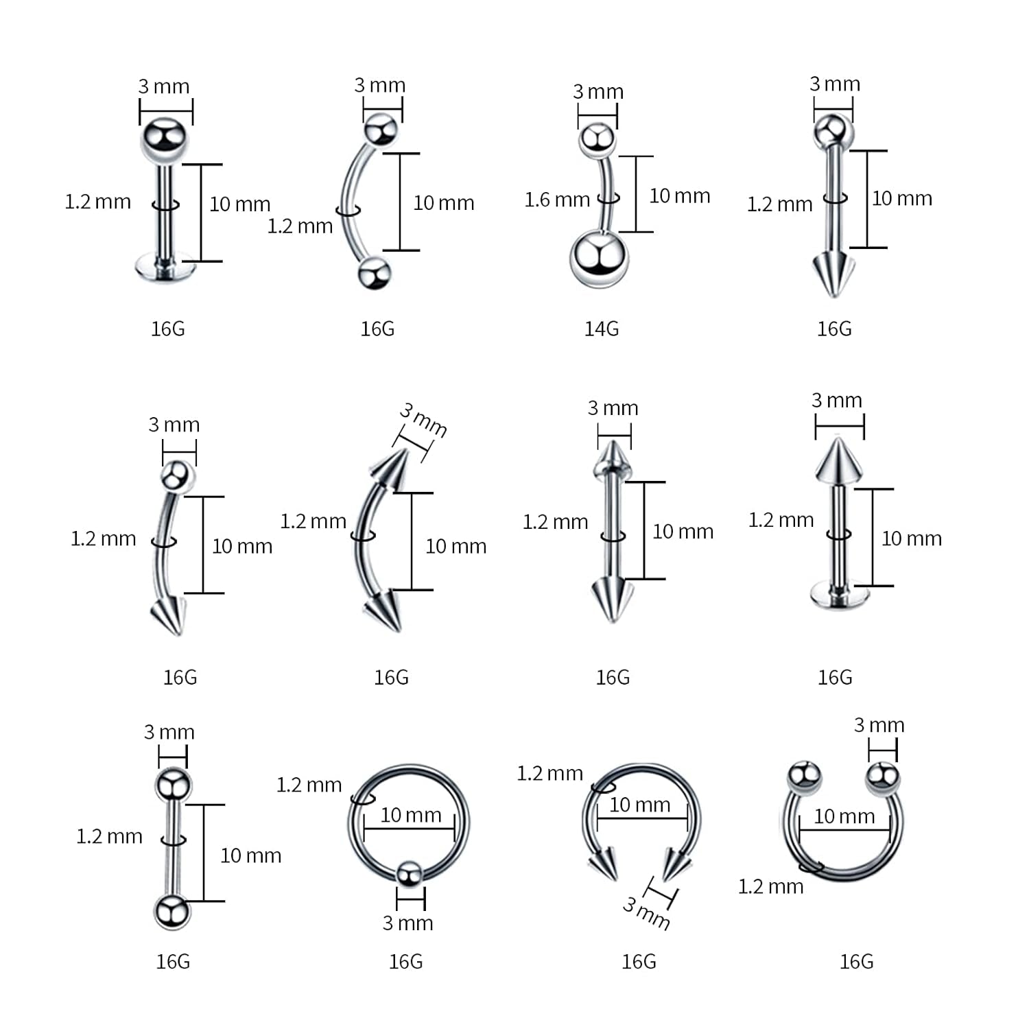 A-Minusone 84PCS Body Septum Piercing Kit 14G 16G Tools for Nose Tongue Lip Ear Eyebrow Belly Button Cartilage Tragus Industrial Barbell Helix Daith Piercing Jewelry Clamps