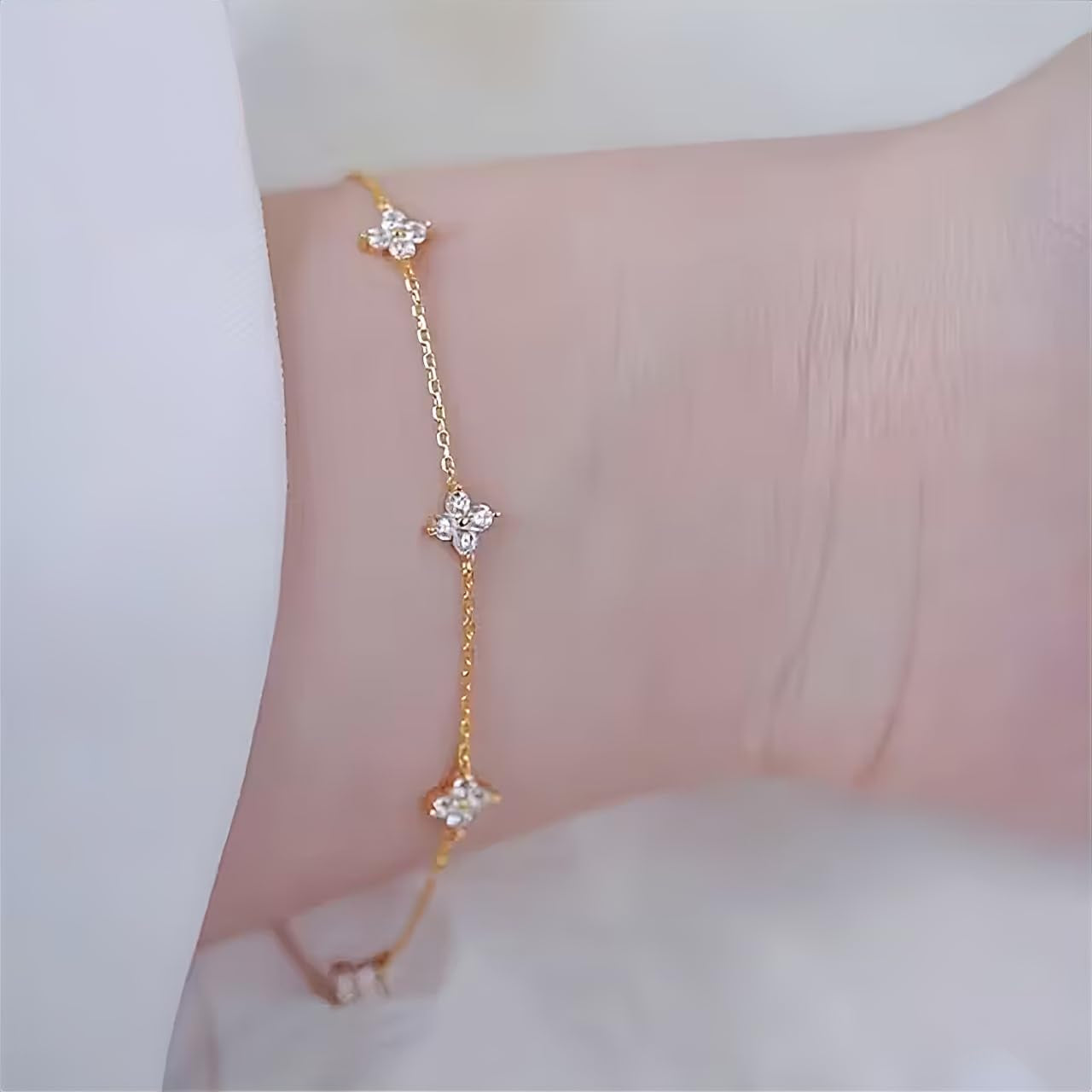 Dainty Clover Choker Bracelet Set for Women | 18K Gold Plated Cubic Zirconia Necklace and Link Bracelet | Four Leaf Lucky Jewelry for Her
