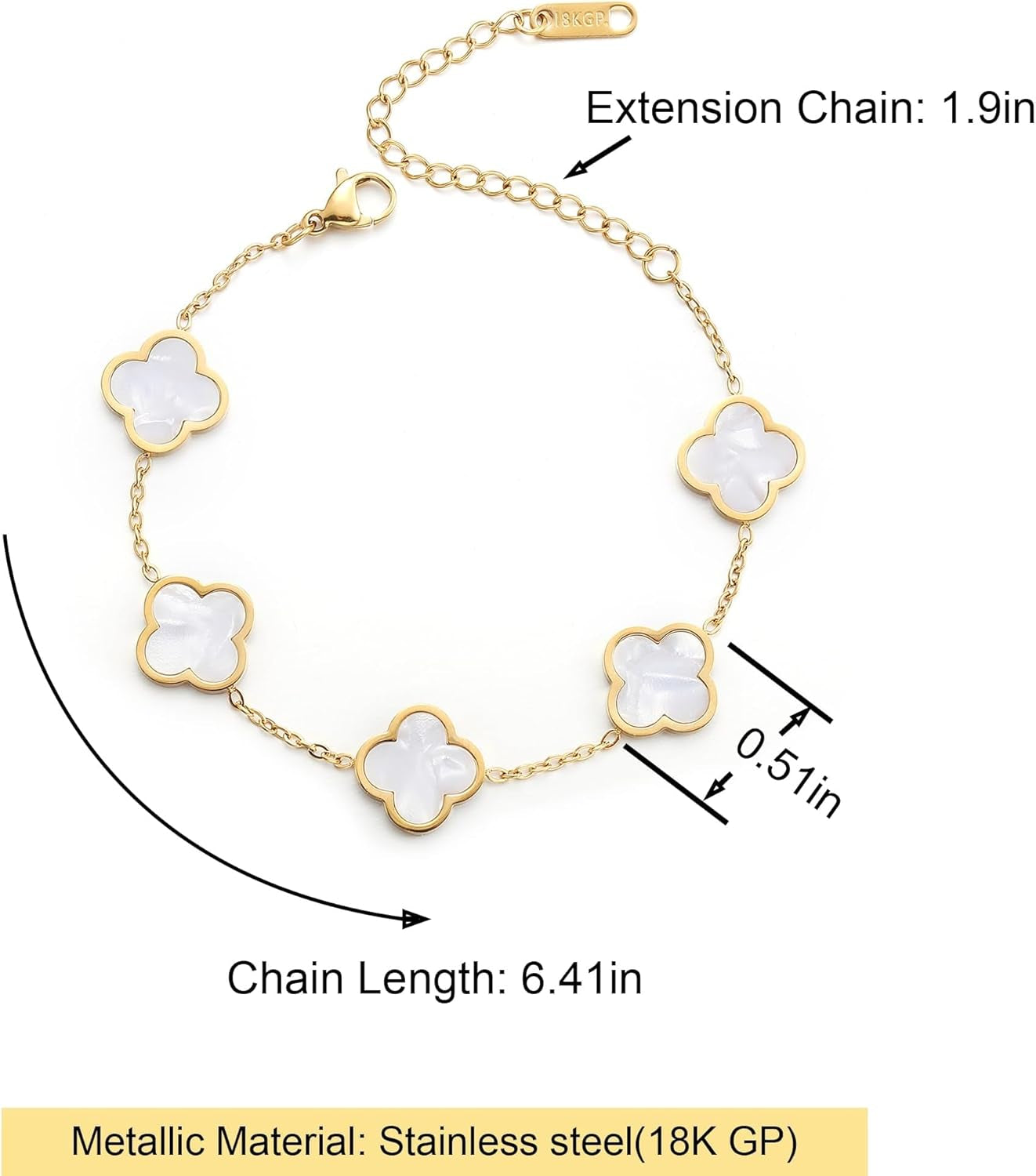 18K Gold Clover Lucky Bracelet – Double-Sided Pearl Flower Charms, Reversible Design, Adjustable Trendy Jewelry Gift for Women