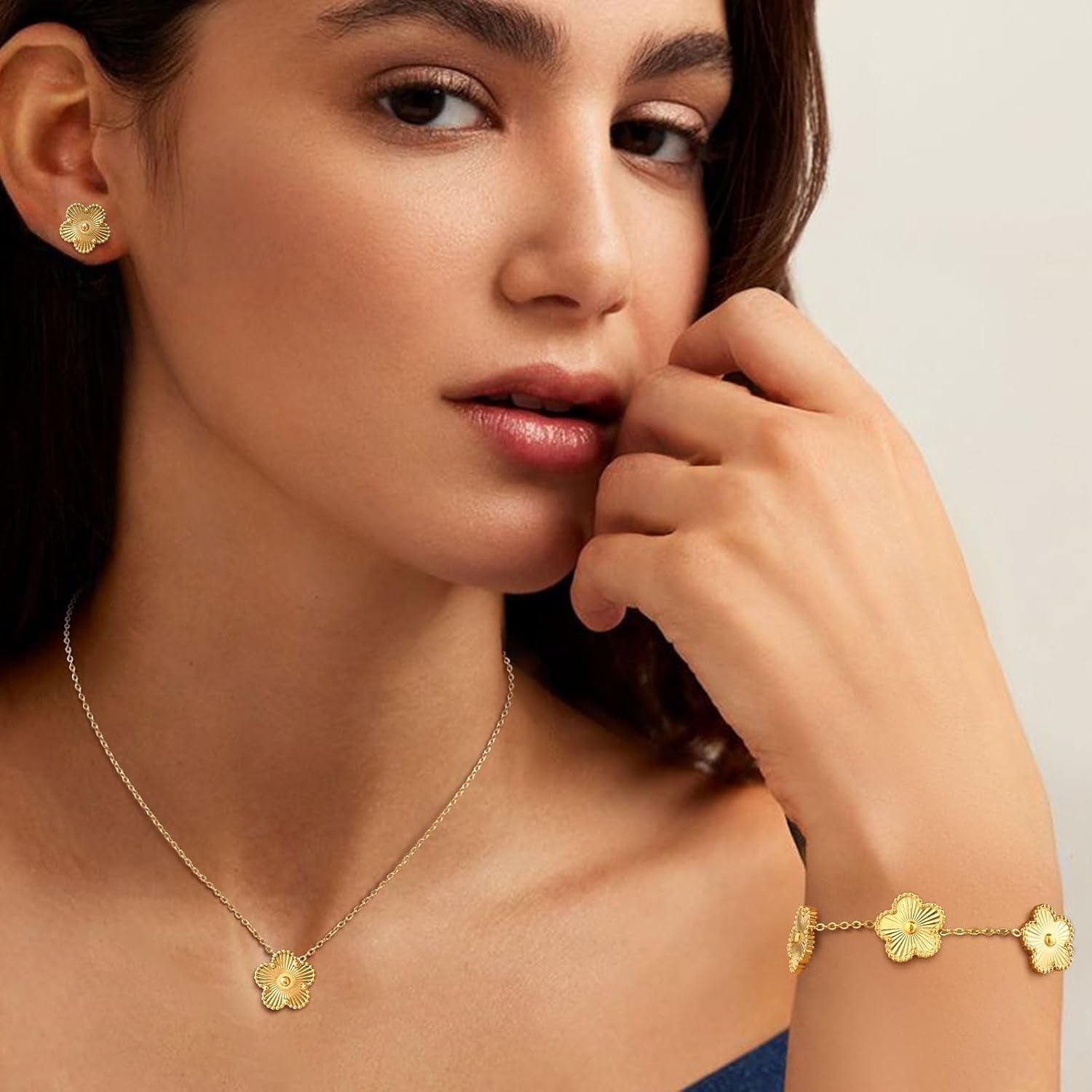 Gold Necklaces Bracelets Earring Set - 18K Gold Plated Flower Bracelet ,Stainless Steel Non Tarnish Floral Pendant Stud Jewelry Sets,Christmas Birthday Lucky Gift for Her Mom Wife Daughter Girlfriend