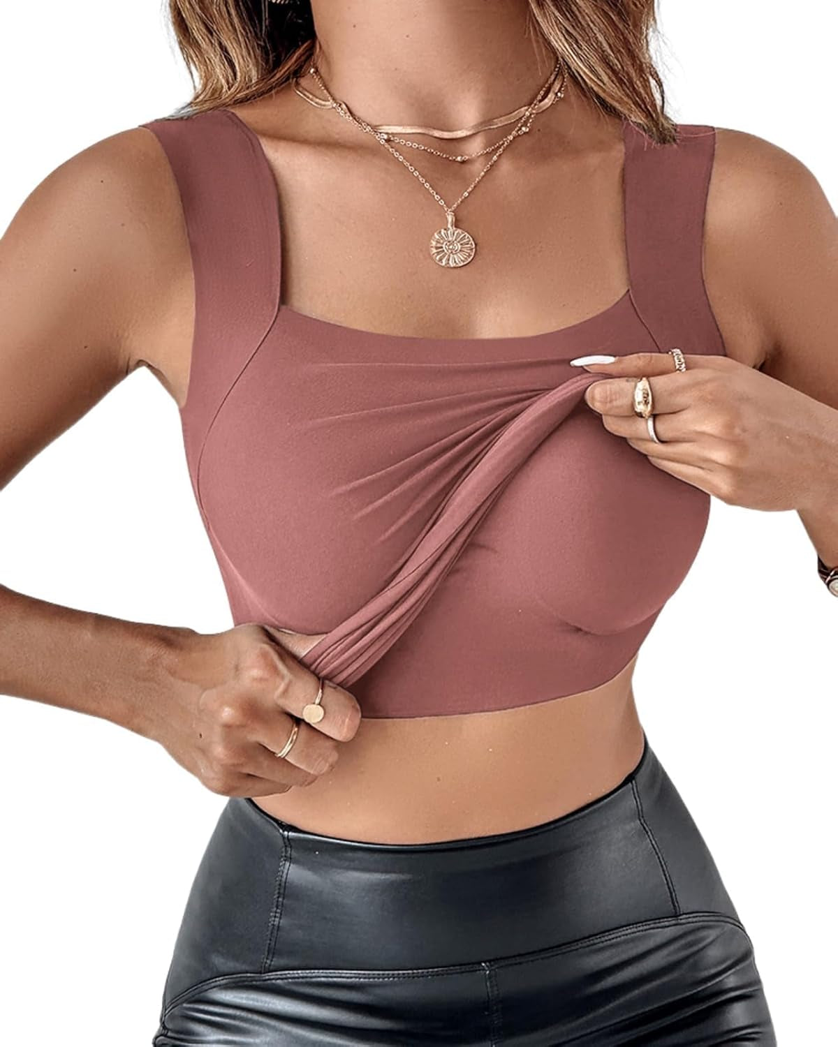 CHICME Womens U Neck Shapewear Built-In Bra Tank High Strechy Sleeveless Slim Fit Tops Camisole Workout Tops