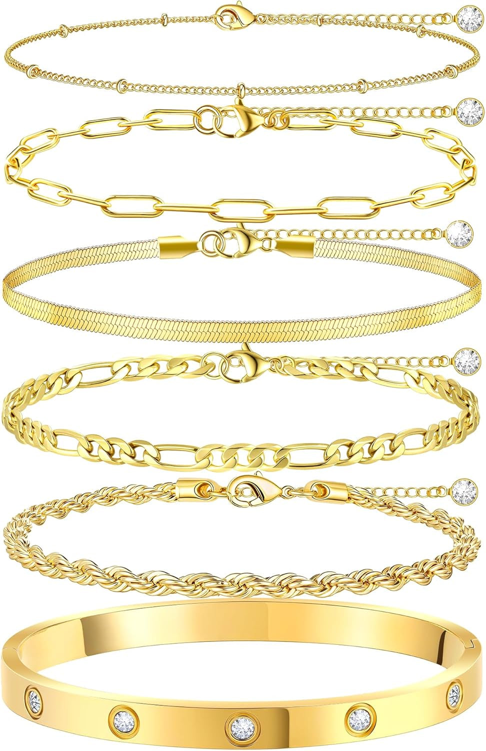 Gold Bracelets for Women Non Tarnish, Dainty 18K Gold Plated Bracelets Stack Trendy Waterproof Stackable Bangles, Cuban Link Paperclip Chain Jewelry Set Fashion Accessories Gifts for Women