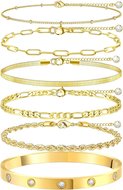 Gold Bracelets for Women Non Tarnish, Dainty 18K Gold Plated Bracelets Stack Trendy Waterproof Stackable Bangles, Cuban Link Paperclip Chain Jewelry Set Fashion Accessories Gifts for Women