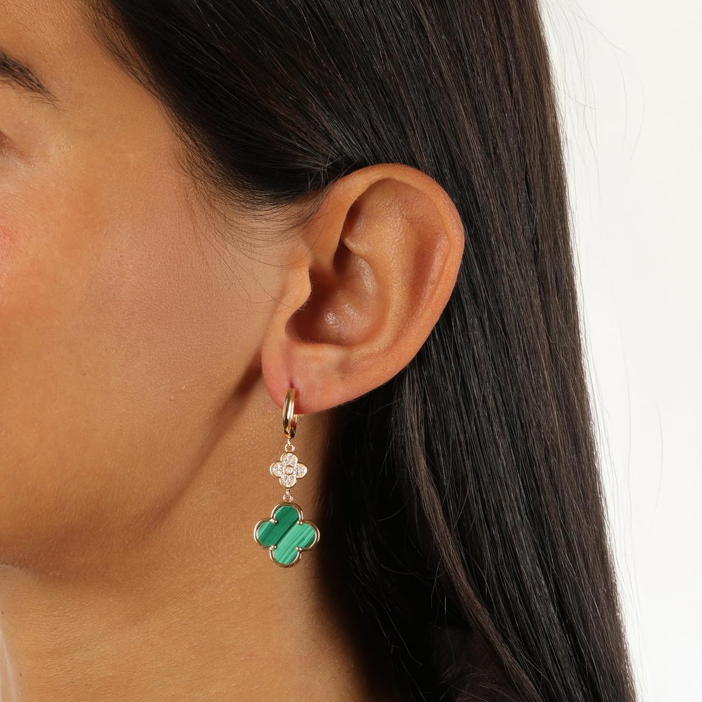 Lavari Jewelers Flower Dangle Drop Earrings for Women - Black Onyx Green Malachite or Mother of Pearl & Cubic Zirconia in 925 Sterling Silver Clover - Hypoallergenic Gold Plated - Secure Hinge Post